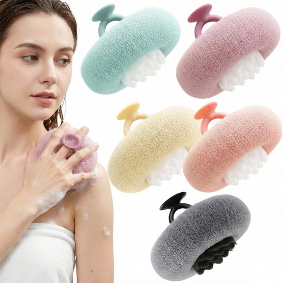 5 Pcs Bath Sponge Shower Loofah, 2-in-1 Exfoliating Body Scrubber Exfoliator Net Sponges with Finger Rings, Super Soft Sunflower Suction Cup Bath Ball Loofah Pack for Women Men