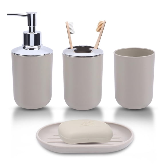 4 Pcs Bathroom Accessory Set, Shatter-Resistant Resin Bathroom Accessories Set Include Lotion Soap Dispenser Toothbrush Holder Soap Dish Modern Bathroom Decor, Gift for Home (Grey)