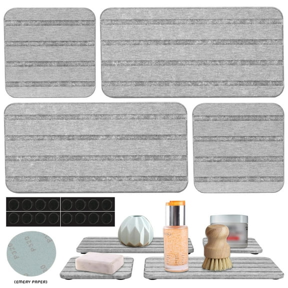 4 Pcs Bathroom Diatomaceous Earth Absorbent Stone Tray, Instant Dry Sink Organizer for Kitchen, Diatomite Soap Dish Coasters with Grooves