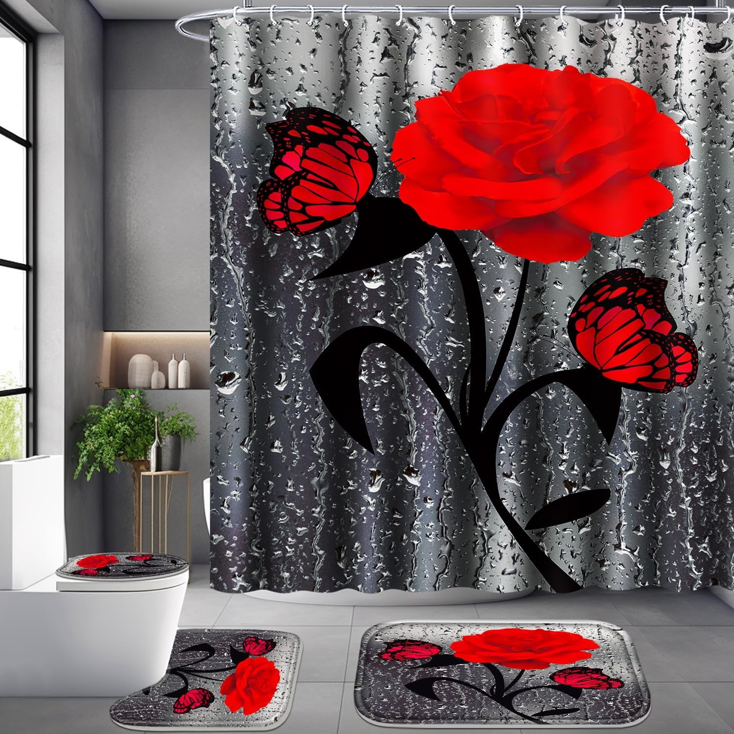 4 Pcs Bathroom Set,Orange Rose Shower Curtain Sets, Romantic Shower Curtain Sets with Rugs(Bath Mat,U Shape and Toilet Lid Cover Mat) and 12 Hooks