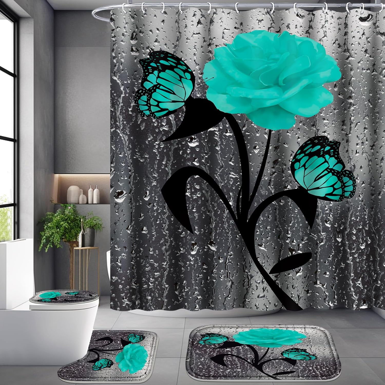 4 Pcs Bathroom Set,Orange Rose Shower Curtain Sets, Romantic Shower Curtain Sets with Rugs(Bath Mat,U Shape and Toilet Lid Cover Mat) and 12 Hooks