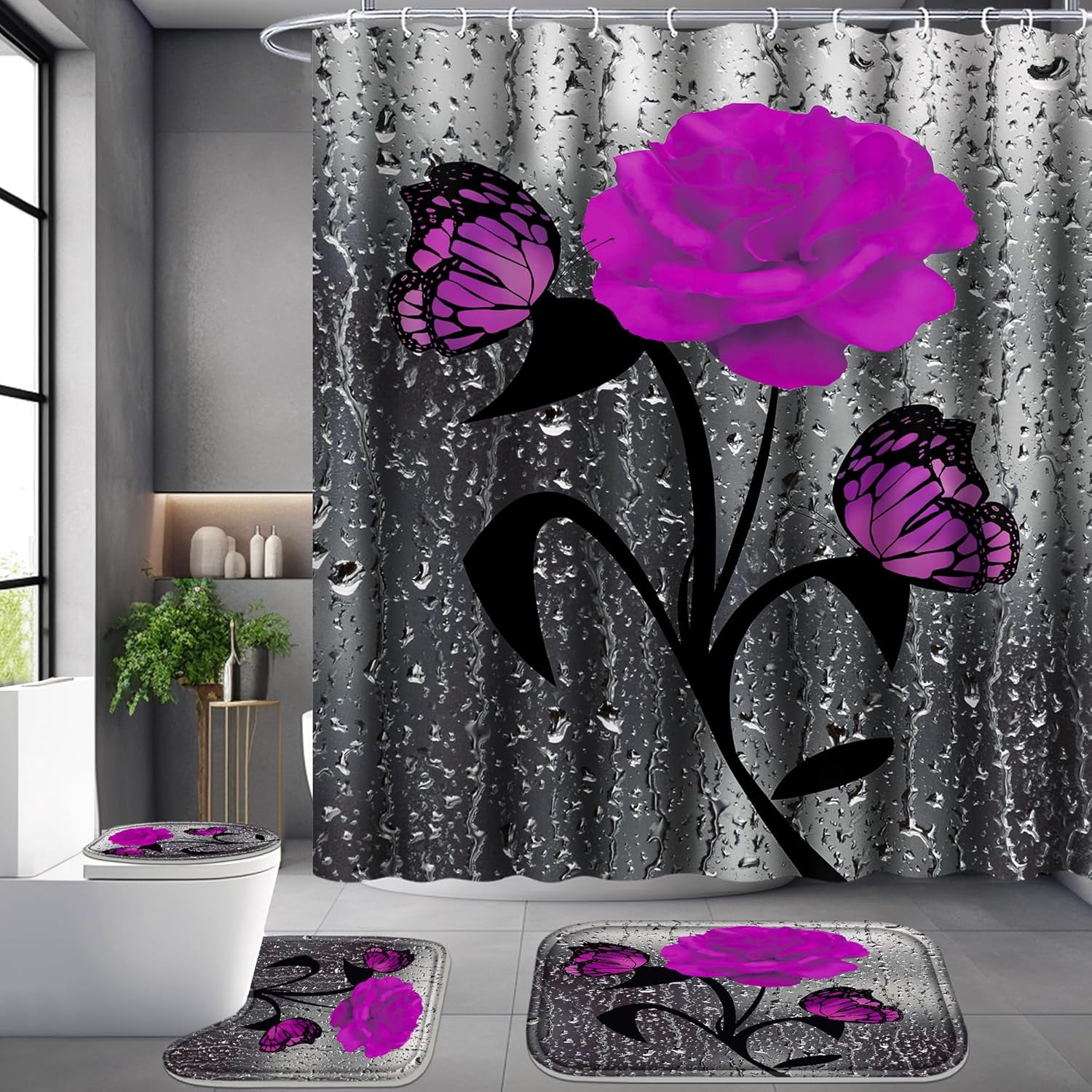 4 Pcs Bathroom Set,Orange Rose Shower Curtain Sets, Romantic Shower Curtain Sets with Rugs(Bath Mat,U Shape and Toilet Lid Cover Mat) and 12 Hooks