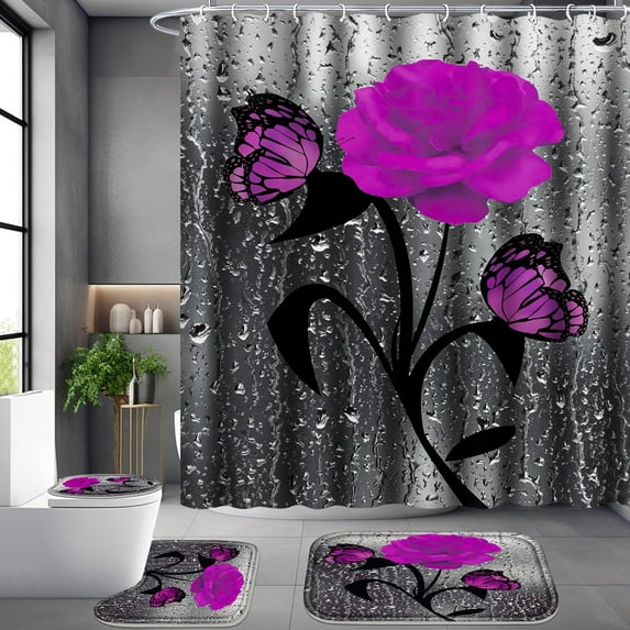 4 Pcs Bathroom Set,Orange Rose Shower Curtain Sets, Romantic Shower Curtain Sets with Rugs(Bath Mat,U Shape and Toilet Lid Cover Mat) and 12 Hooks