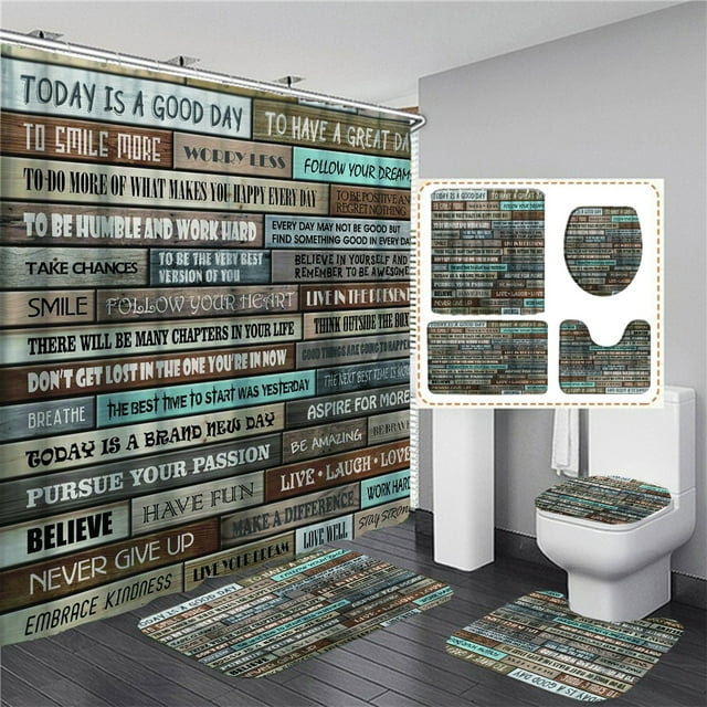 4 Pcs Bathroom Set Vintage Wooden letters Print Waterproof Shower