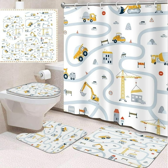 4 Pcs Bathroom Sets with Shower Curtain and Rugs, Car Kids Funny Construction, Bathroom Decor Truck Cute Vehicle Tractor Shower Curtain Sets for Bathroom Decor