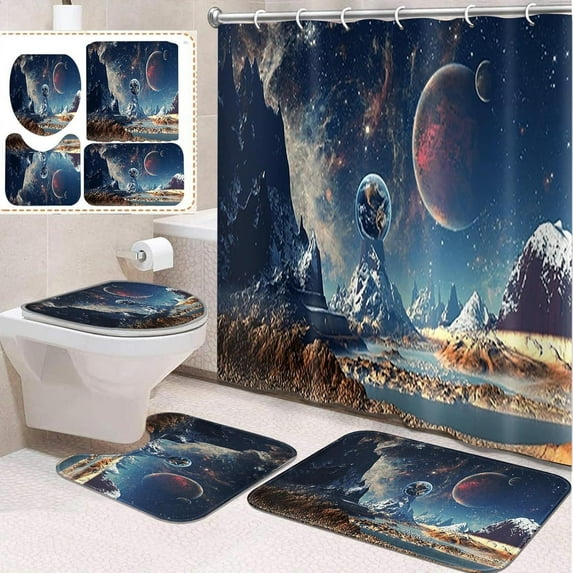 4 Pcs Bathroom Sets with Shower Curtain and Rugs, Galaxy Believe It Our, Bathroom Decor Planet Earth Star Universe Shower Curtain Sets for Bathroom Decor