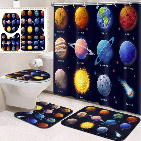 4 Pcs Bathroom Sets with Shower Curtain and Rugs, Galaxy Believe It Our, Bathroom Decor Planet Earth Star Universe Shower Curtain Sets for Bathroom Decor