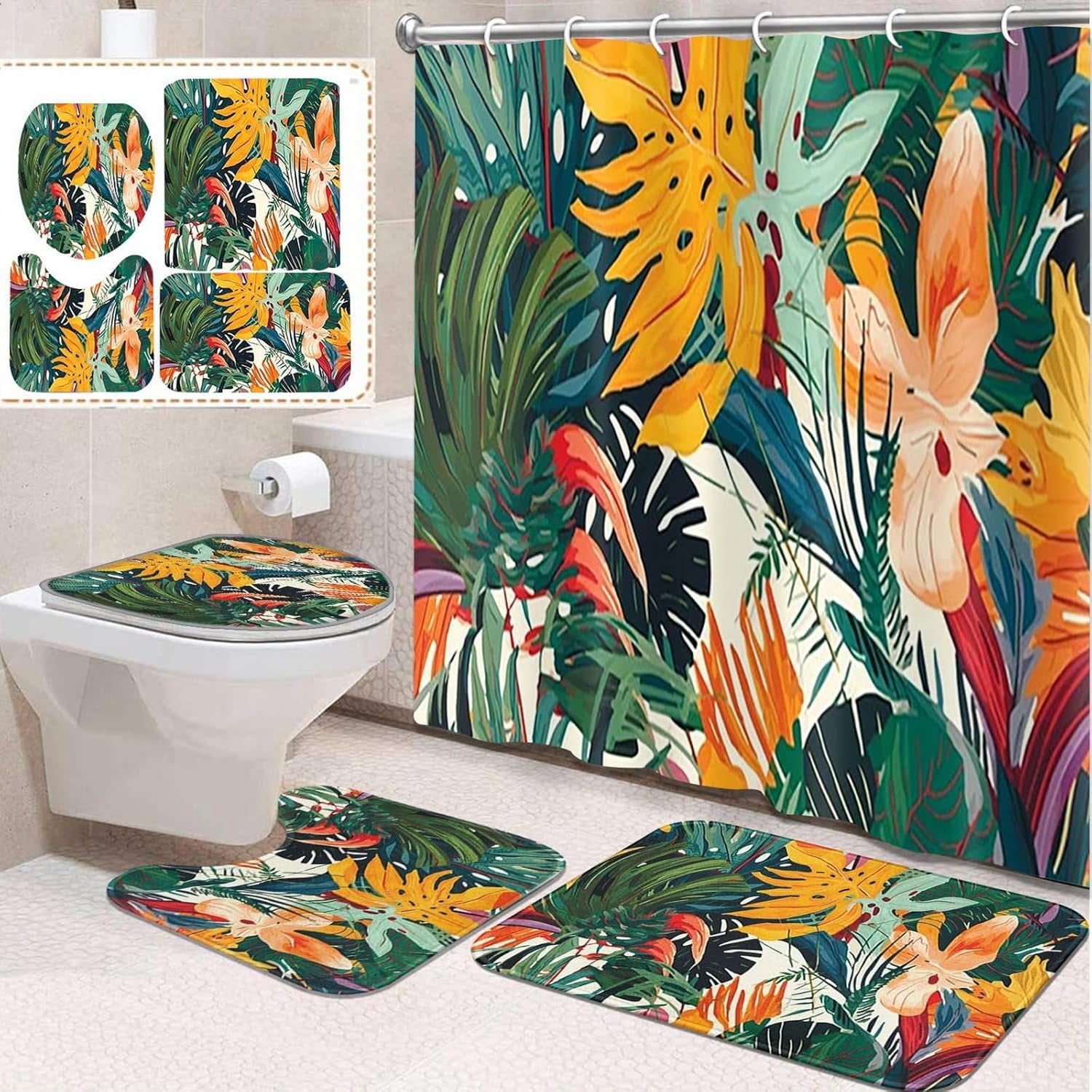 4 Pcs Bathroom Sets with Shower Curtain and Rugs, Kids Car Tractor Truck, Bathroom Decor Blue ...