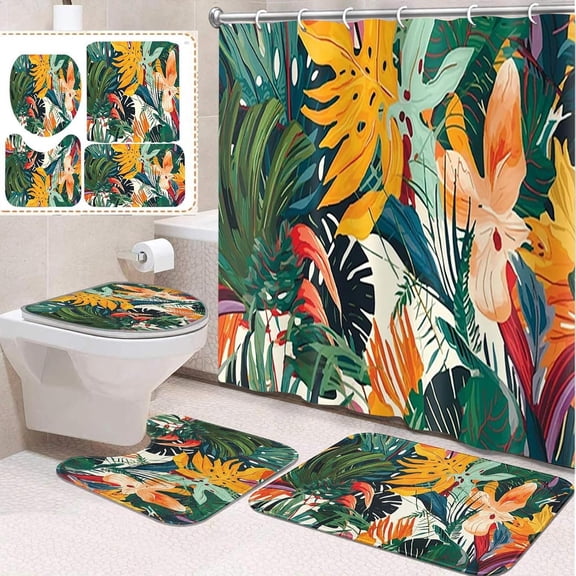 4 Pcs Bathroom Sets with Shower Curtain and Rugs, Kids Car Tractor Truck, Bathroom Decor Blue Nursery Farm Vehicle Shower Curtain Sets for Bathroom Decor