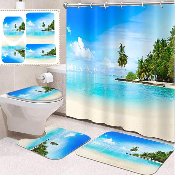 4 Pcs Bathroom Sets with Shower Curtain and Rugs, Kids Car Tractor Truck, Bathroom Decor Blue Nursery Farm Vehicle Shower Curtain Sets for Bathroom Decor