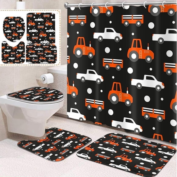 4 Pcs Bathroom Sets with Shower Curtain and Rugs, Kids Car Tractor Truck, Bathroom Decor Farm Orange Vehicle Cute Shower Curtain Sets for Bathroom Decor