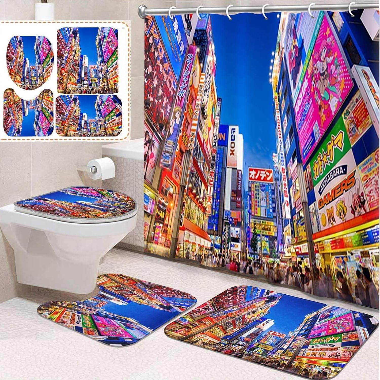 4 Pcs Bathroom Sets with Shower Curtain and Rugs, Kids Car Tractor Truck, Bathroom Decor Farm ...