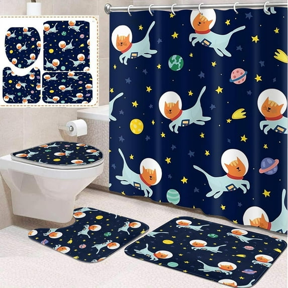 4 Pcs Bathroom Sets with Shower Curtain and Rugs, Paw Cat Valentine Cute, Bathroom Decor Love Happy Colorful Watercolor Shower Curtain Sets for Bathroom Decor