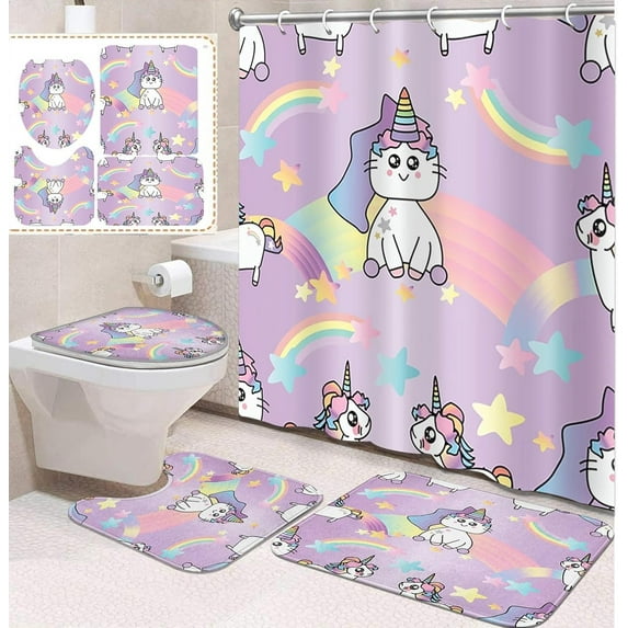 4 Pcs Bathroom Sets with Shower Curtain and Rugs, Rainbow Unicorn Heart Kids, Bathroom Decor Happy Horse Cute Funny Shower Curtain Sets for Bathroom Decor