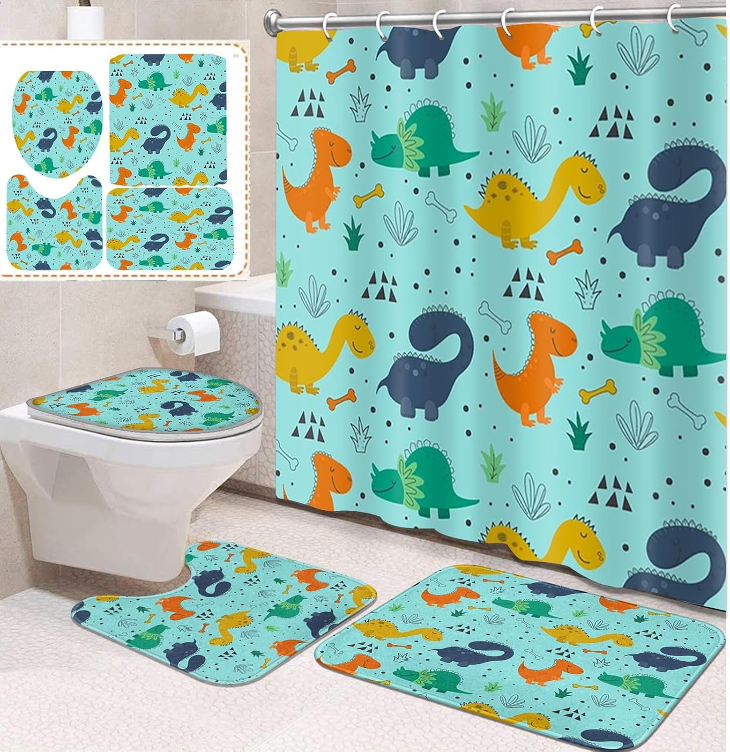 4 Pcs Bathroom Sets with Shower Curtain and Rugs, Rainbow Unicorn Heart