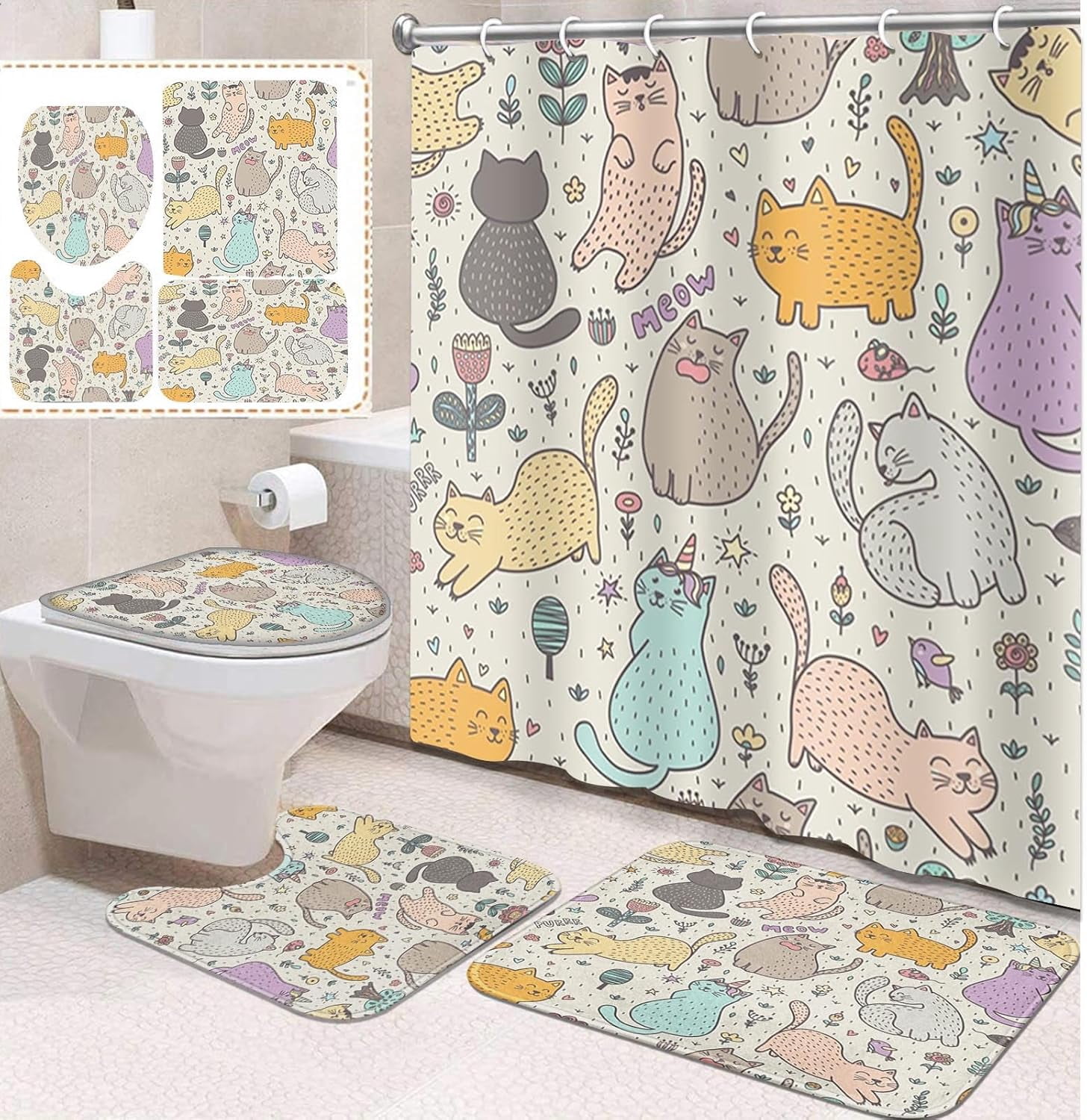 4 Pcs Bathroom Sets with Shower Curtain and Rugs, Rainbow Unicorn Heart Kids, Bathroom Decor ...