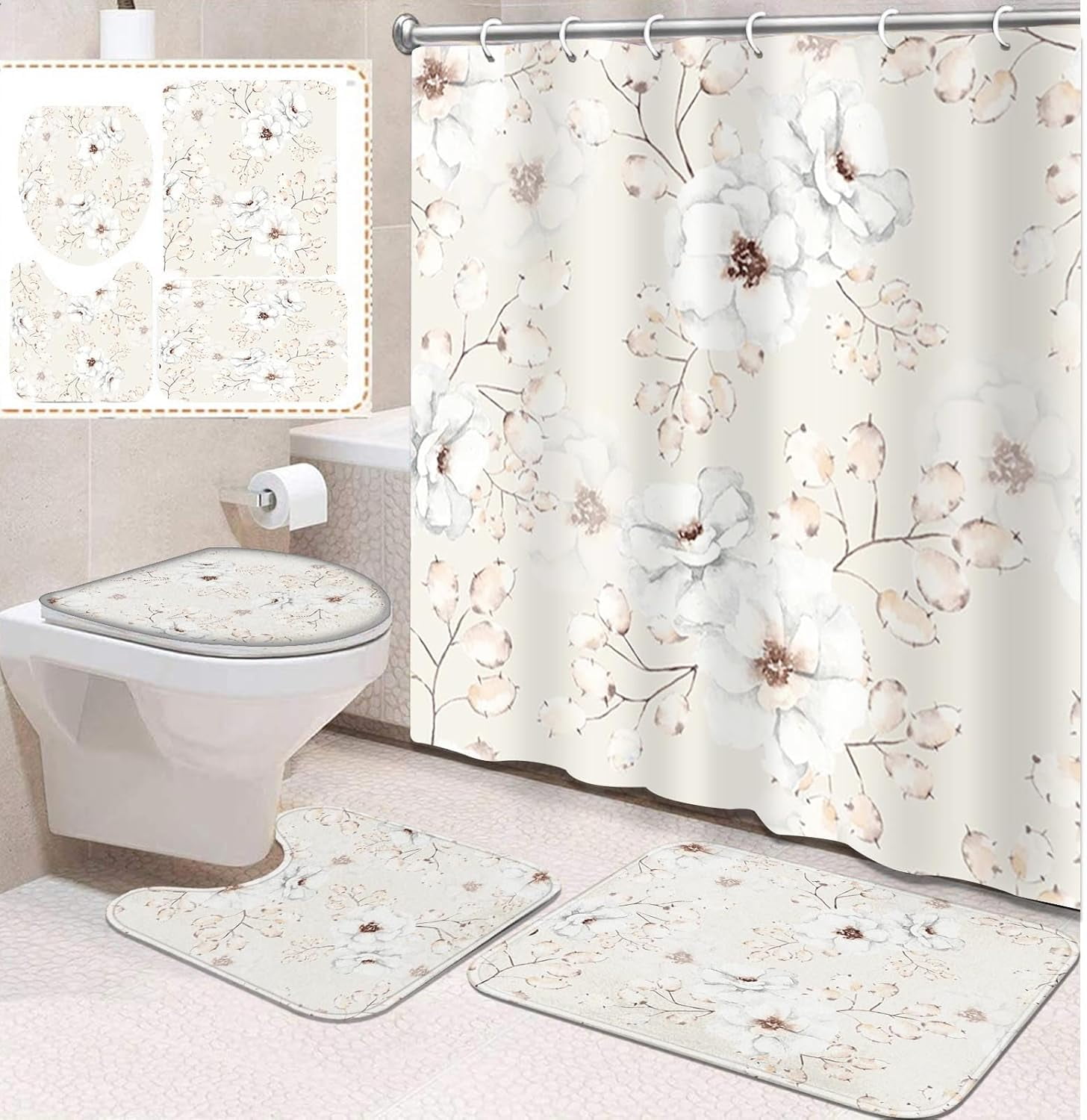 Bathroom Sets With Shower Curtains 4 Pcs Bathroom Sets with Shower Curtain and Rugs, Red Black Flower