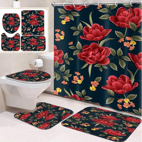 4 Pcs Bathroom Sets with Shower Curtain and Rugs, Red Gold Vintage Fancy, Bathroom Decor Music Winter Diamond Golden Shower Curtain Sets for Bathroom Decor