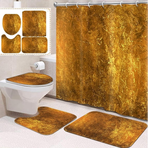 4 Pcs Bathroom Sets with Shower Curtain and Rugs, Red Gold Vintage Fancy, Bathroom Decor Music Winter Diamond Golden Shower Curtain Sets for Bathroom Decor