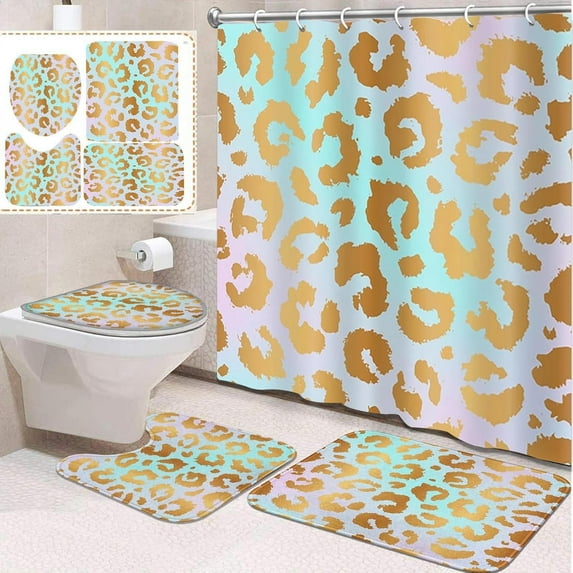 4 Pcs Bathroom Sets with Shower Curtain and Rugs, Red Teal Gold World, Bathroom Decor Geometric Tiles It Abstract Shower Curtain Sets for Bathroom Decor