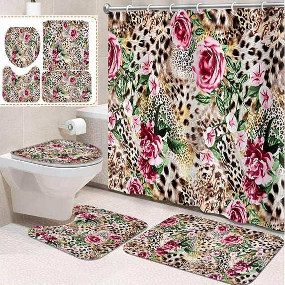 4 Pcs Bathroom Sets with Shower Curtain and Rugs, Red Teal Gold World, Bathroom Decor Geometric Tiles It Abstract Shower Curtain Sets for Bathroom Decor
