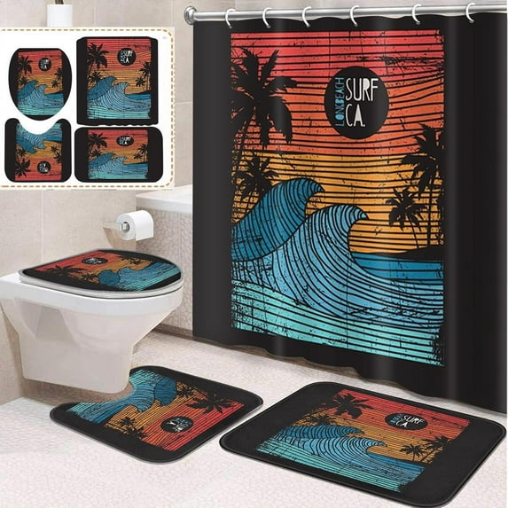 4 Pcs Bathroom Sets with Shower Curtain and Rugs, Red Teal Gold World, Bathroom Decor Geometric Tiles It Abstract Shower Curtain Sets for Bathroom Decor