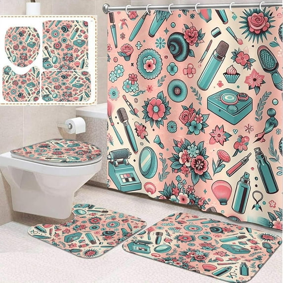 4 Pcs Bathroom Sets with Shower Curtain and Rugs, Red Teal Gold World, Bathroom Decor Geometric Tiles It Abstract Shower Curtain Sets for Bathroom Decor