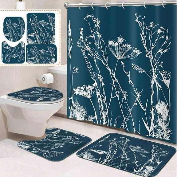 4 Pcs Bathroom Sets with Shower Curtain and Rugs, Teal Seahorse Nautical Summer, Bathroom Decor Coastal Sea Horse Blue Shower Curtain Sets for Bathroom Decor
