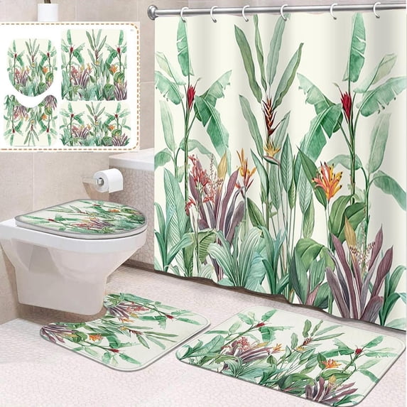 4 Pcs Bathroom Sets with Shower Curtain and Rugs, Tractor Car Construction Sunset, Bathroom Decor Truck Industrial Wheels Side Shower Curtain Sets for Bathroom Decor