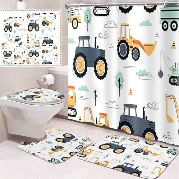 4 Pcs Bathroom Sets with Shower Curtain and Rugs, Tractor Car Truck Cute, Bathroom Decor Construction Vehicle Vintage Retro Shower Curtain Sets for Bathroom Decor