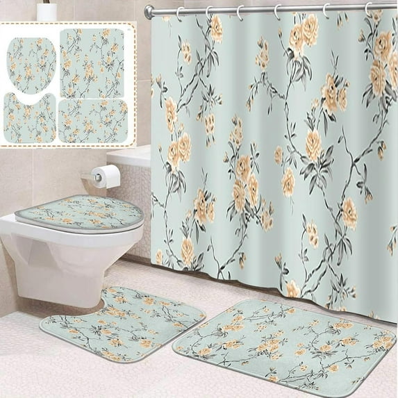 4 Pcs Bathroom Sets with Shower Curtain and Rugs, Tractor Car Truck Cute, Bathroom Decor Construction Vehicle Vintage Retro Shower Curtain Sets for Bathroom Decor