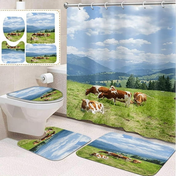 4 Pcs Bathroom Sets with Shower Curtain and Rugs, Tractor Construction Farm Car, Bathroom Decor Kids Happy Green Blue Shower Curtain Sets for Bathroom Decor