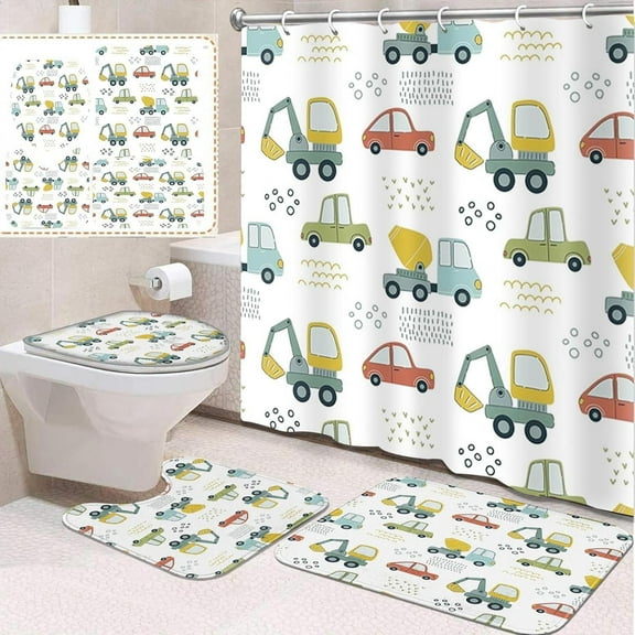 4 Pcs Bathroom Sets with Shower Curtain and Rugs, Tractor Construction Farm Car, Bathroom Decor Kids Happy Green Blue Shower Curtain Sets for Bathroom Decor