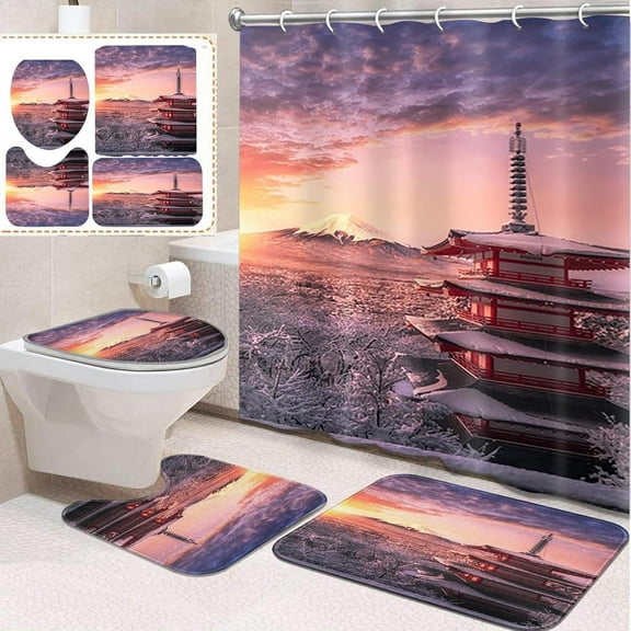 4 Pcs Bathroom Sets with Shower Curtain and Rugs, Tractor Farm Vehicle Spring, Bathroom Decor Plant It Landscape Grass Shower Curtain Sets for Bathroom Decor
