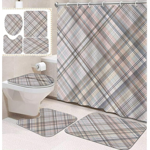 4 Pcs Bathroom Sets with Shower Curtain and Rugs, Winter Geometric Industrial Country, Bathroom Decor Nordic Knit Nostalgic It Shower Curtain Sets for Bathroom Decor