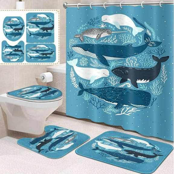 4 Pcs Bathroom Sets with Shower Curtain and Rugs, Wolf Moon Wildlife Hunting, Bathroom Decor Paw Grey Horror Spooky Shower Curtain Sets for Bathroom Decor