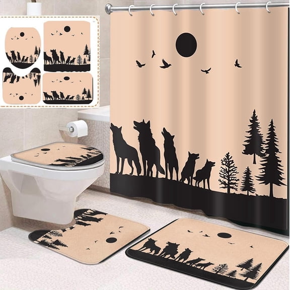 4 Pcs Bathroom Sets with Shower Curtain and Rugs, Wolf Moon Wildlife Hunting, Bathroom Decor Paw Grey Horror Spooky Shower Curtain Sets for Bathroom Decor