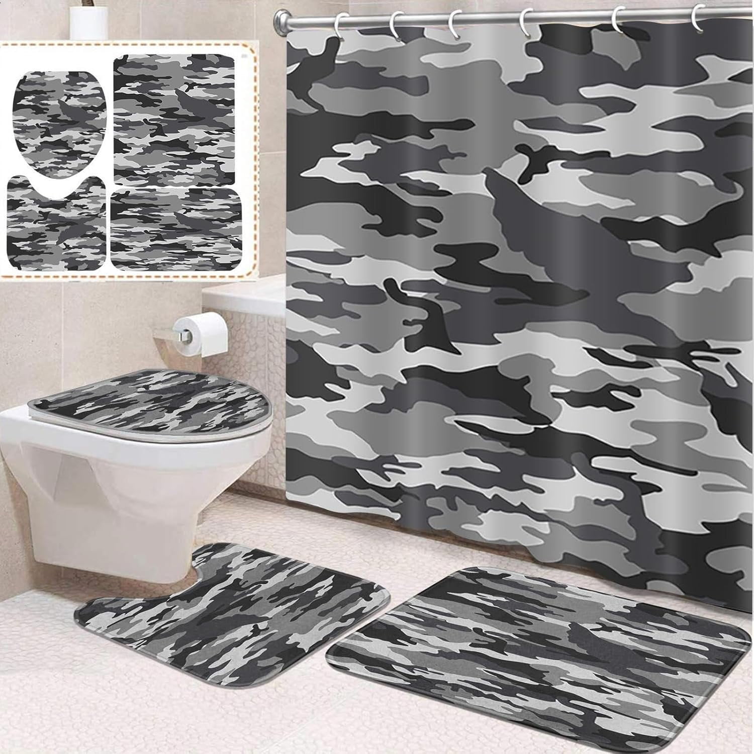 4 Pcs Bathroom Sets with Shower Curtain and Rugs, Blue Greek, Bathroom ...