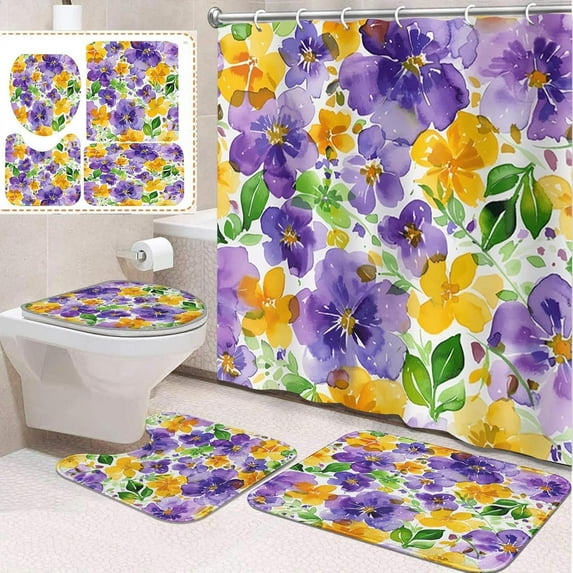 4 Pcs Bathroom Sets with Shower Curtain and Rugs, Farm Cute Tractor Car, Bathroom Decor Wood Kids Tree Truck Shower Curtain Sets for Bathroom Decor