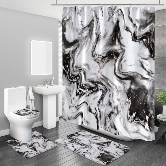 4 Pcs Bathroom Sets with Shower Curtain and Rugs, Grey Marble Shower Curtain Sets with Rugs, Modern Abstract Shower Curtain for Grey Bathroom Decor