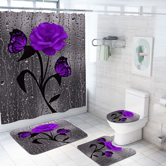 4 Pcs Bathroom Sets with Shower Curtain and Rugs, flower Shower Curtain Sets with Rugs for Bathroom Decor