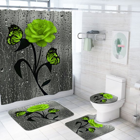 4 Pcs Bathroom Sets with Shower Curtain and Rugs, flower Shower Curtain Sets with Rugs for Bathroom Decor