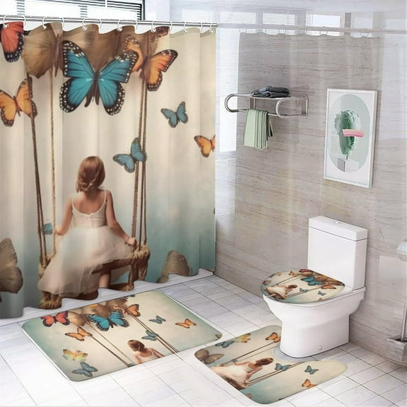 4 Pcs Bathroom Shower Curtain Set,Bathroom Sets with Rugs (Bath Mat,U Shape and Toilet Lid Cover Mat), Butterflies and Girls Bathroom Decor Set