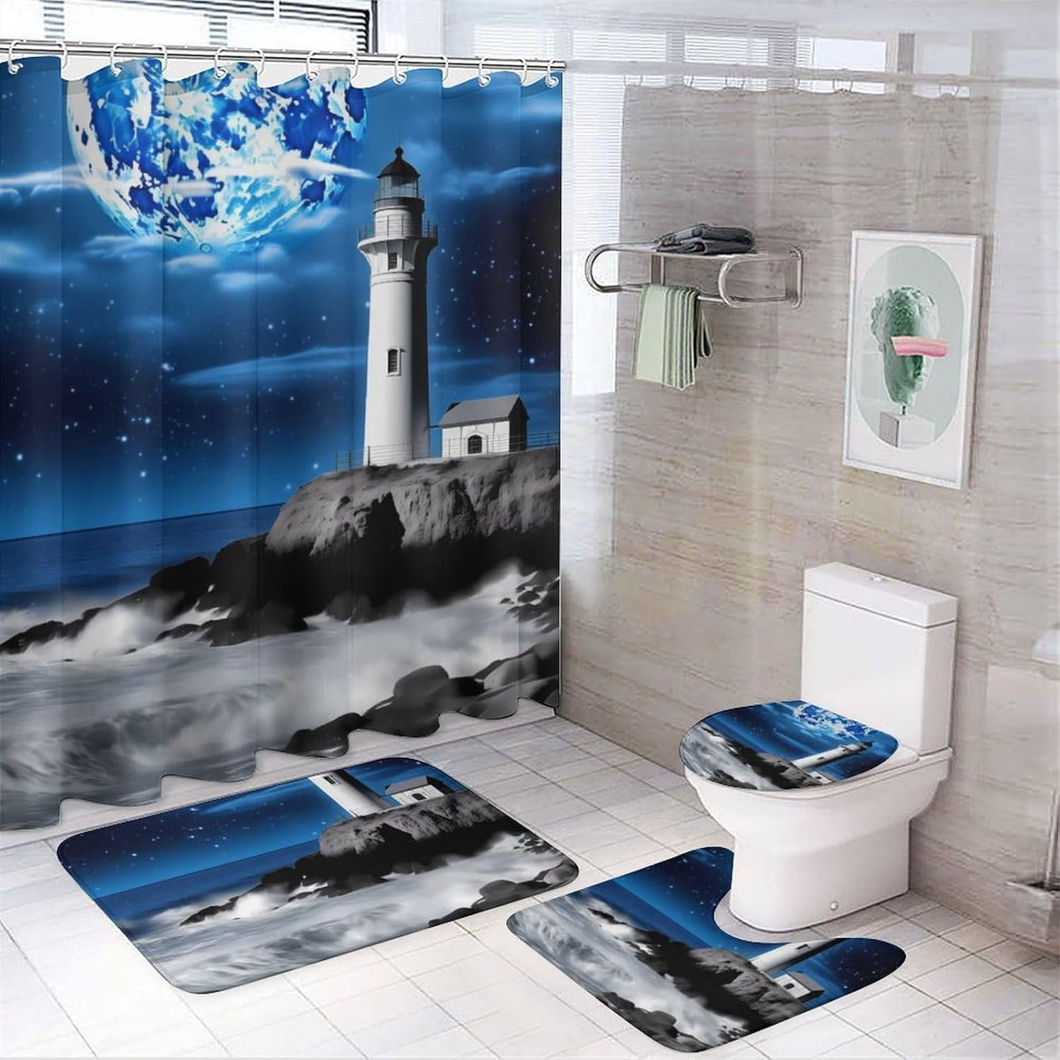 4 Pcs Bathroom Shower Curtain Set,Bathroom Sets with Rugs (Bath Mat,U Shape and Toilet Lid Cover Mat), Lighthouse and Moon Bathroom Decor Set