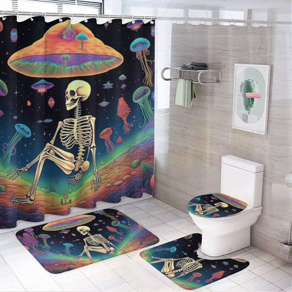 4 Pcs Bathroom Shower Curtain Set,Bathroom Sets with Rugs (Bath Mat,U Shape and Toilet Lid Cover Mat), Mushroom Skull Bathroom Decor Set