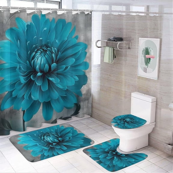 4 Pcs Bathroom Shower Curtain Set,Bathroom Sets with Rugs (Bath Mat,U Shape and Toilet Lid Cover Mat), Rustic Flower Bathroom Decor Set