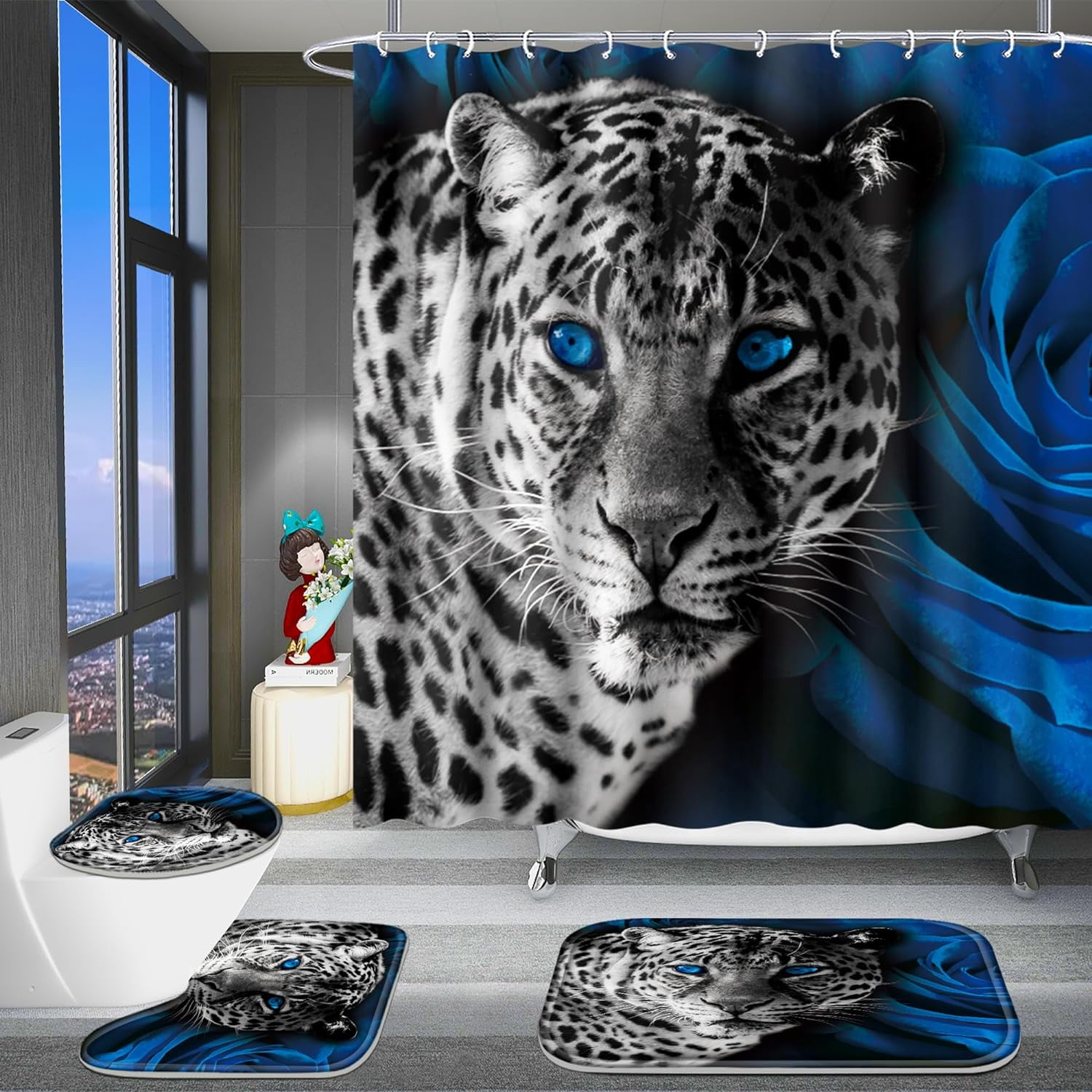 4 Pcs Bathroom Shower Curtain Set,Blue Leopard Print Shower Curtain