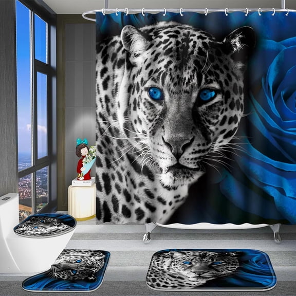 4 Pcs Bathroom Shower Curtain Set,Blue Leopard Print Shower Curtain Bright Style Shower Curtain Sets with Rugs(Bath Mat,U Shape and Toilet Lid Cover Mat) and 12 Hooks