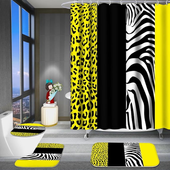 4 Pcs Bathroom Shower Curtain Set,Blue Leopard Print Shower Curtain Bright Style Shower Curtain Sets with Rugs(Bath Mat,U Shape and Toilet Lid Cover Mat) and 12 Hooks