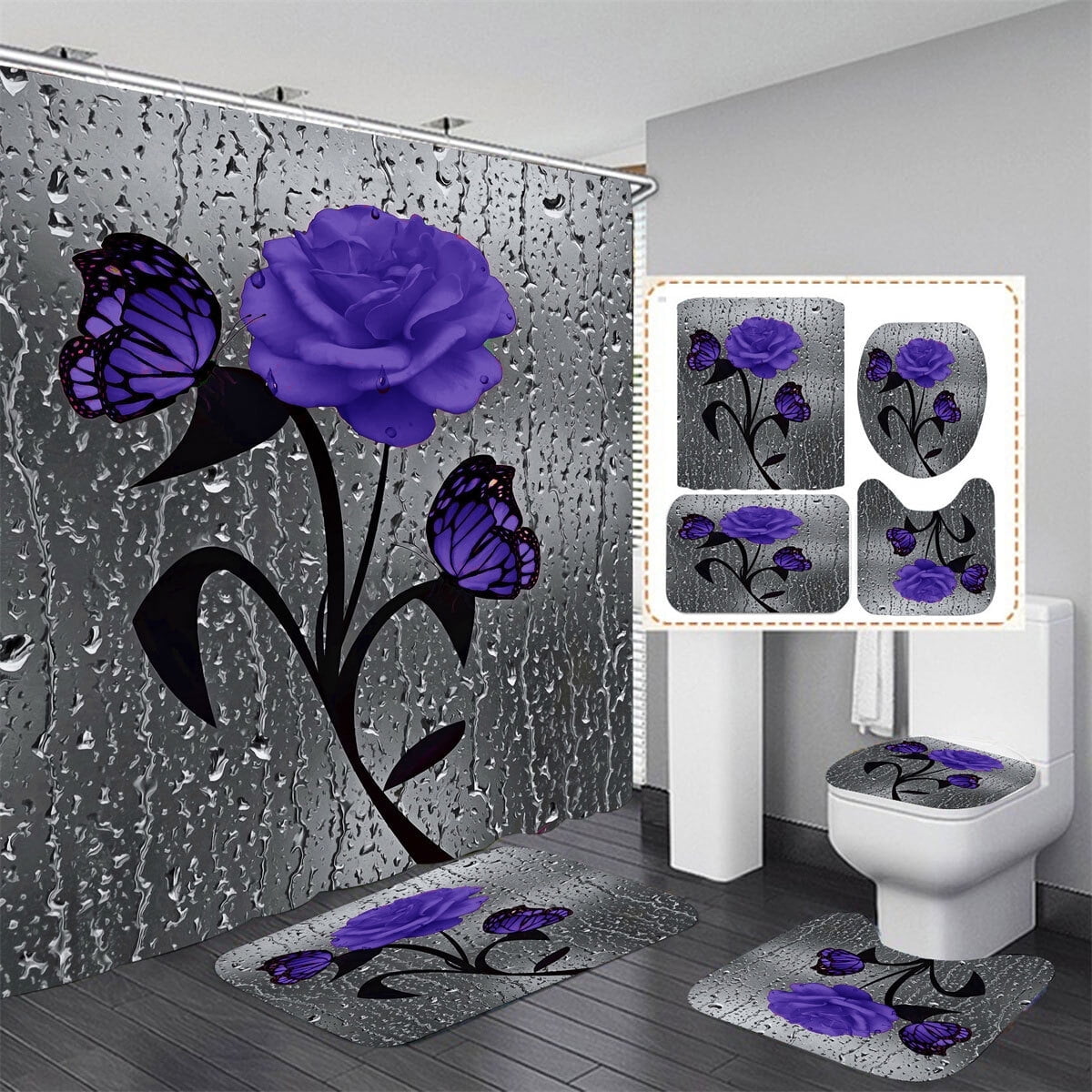 4 Pcs Bathroom Shower Curtain Set Blue Rose Shower Curtain Bathroom Sets Valentine's Day Shower Curtain Sets with Rugs(Bath Mat,U Shape and Toilet Lid Cover Mat) and 12 Hooks